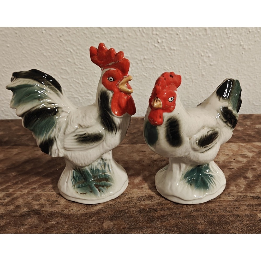 Vintage Mid Century Art Pottery 6" Two Rooster Figurines-Made In Brazil Marked